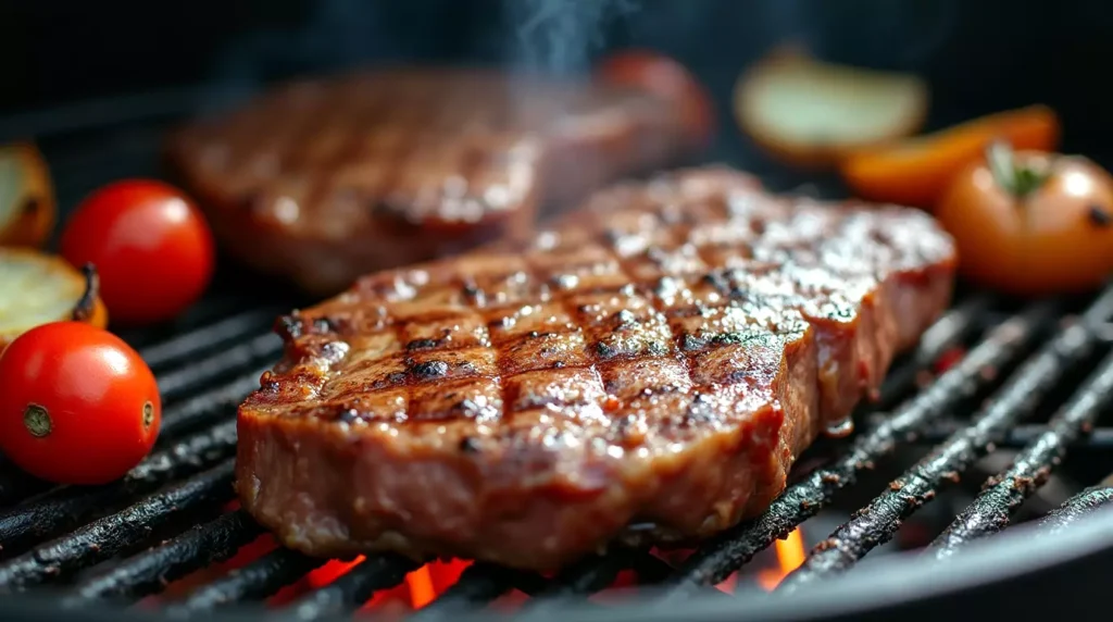 Marinated steak grilling on open flame with tomatoes and onions