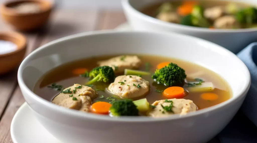 Bowls of bone broth chicken soup keto with vegetables, chicken, and herbs on a wooden table