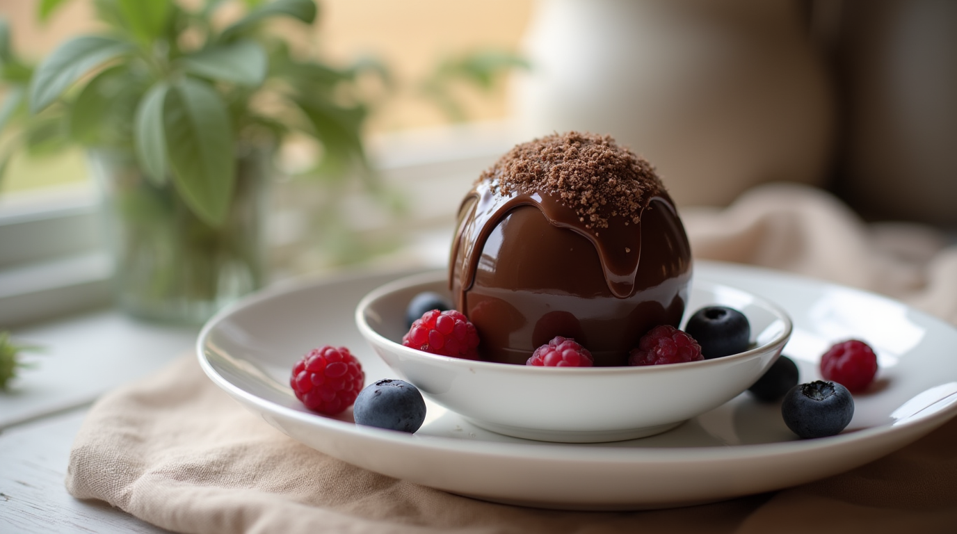 Chocolate bomba dessert served in a shallow bowl on a kitchen table