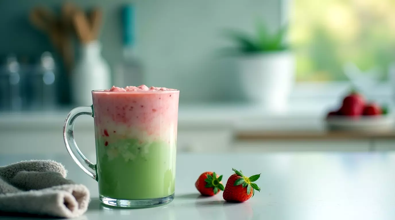 Hot strawberry matcha latte in a glass mug on a clean kitchen counter with soft natural light