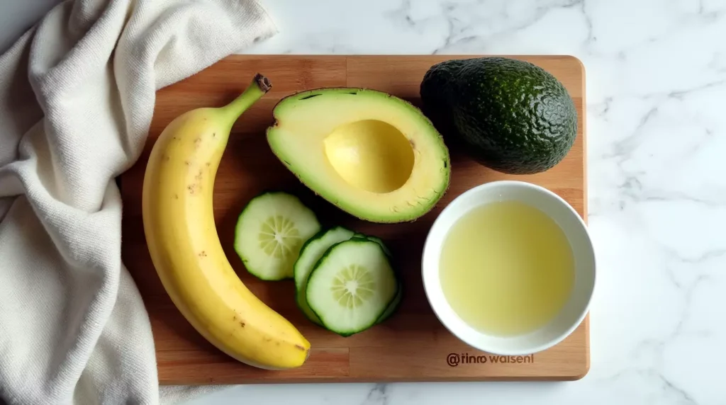Top-down of avocado, honeydew, cucumber, and banana on a cutting board