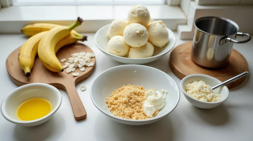 Bananas, ice cream, egg wash, and crushed cereal laid out on a kitchen counter