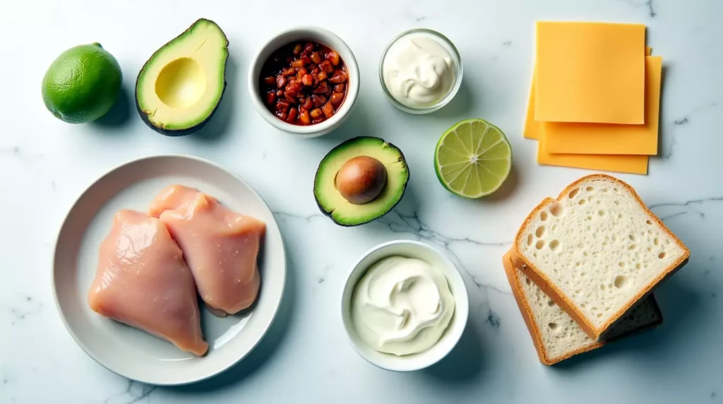 Flat lay of chipotle chicken sandwich ingredients on white surface