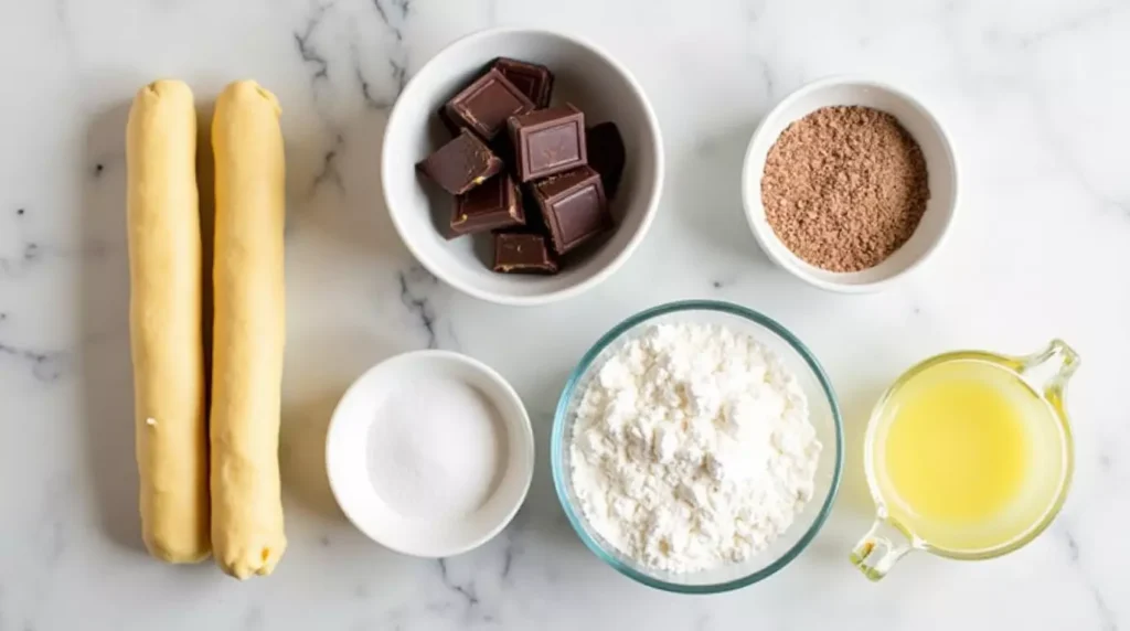Baking ingredients including chocolate, flour, salt, and pretzel dough in bowls