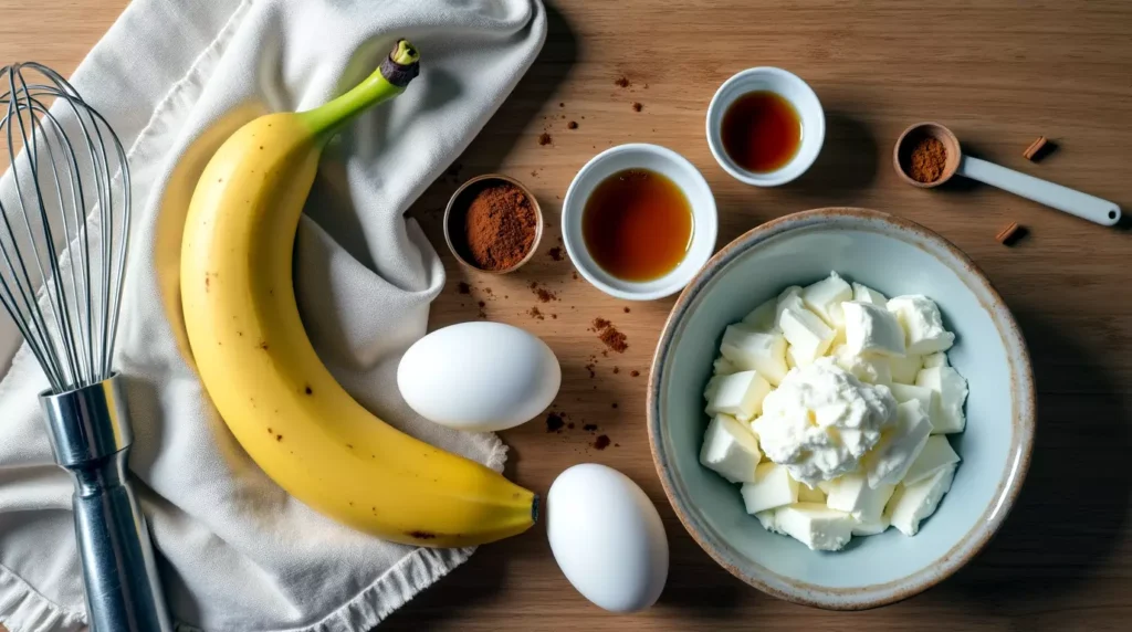 Banana, eggs, cottage cheese, cinnamon, and vanilla arranged on a wooden counter
