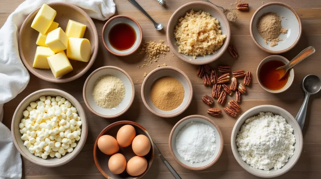 Brown sugar, butter, flour, eggs, pecans, and chocolate chips on kitchen counter