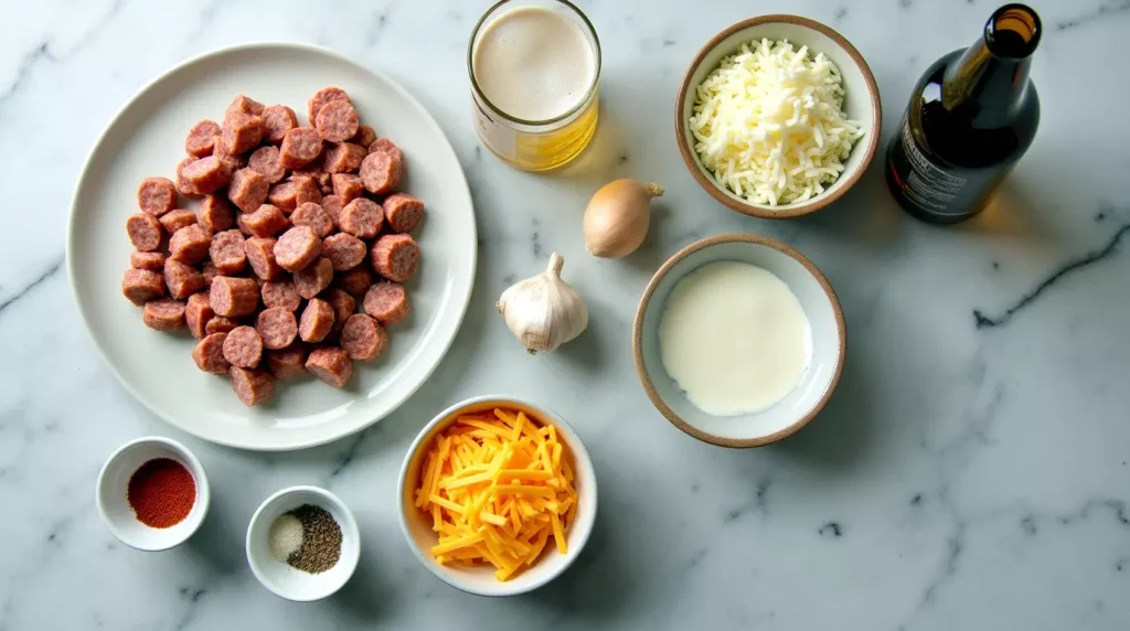 Ingredients including sausage, cheese, beer, and spices on a kitchen counter for making hot sausage beer cheese dip