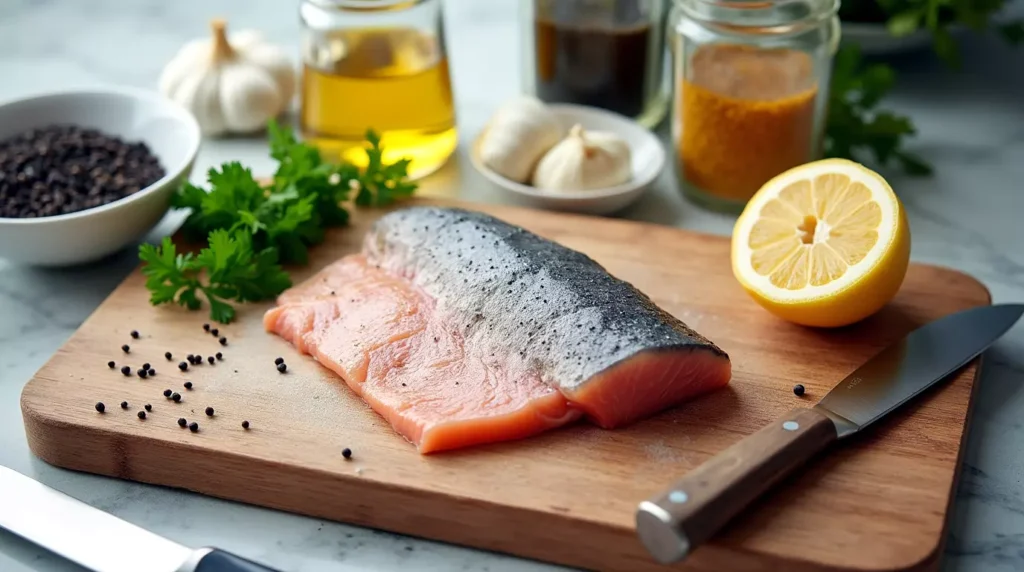 Raw trout fillet with lemon, garlic, and black pepper on a wooden board