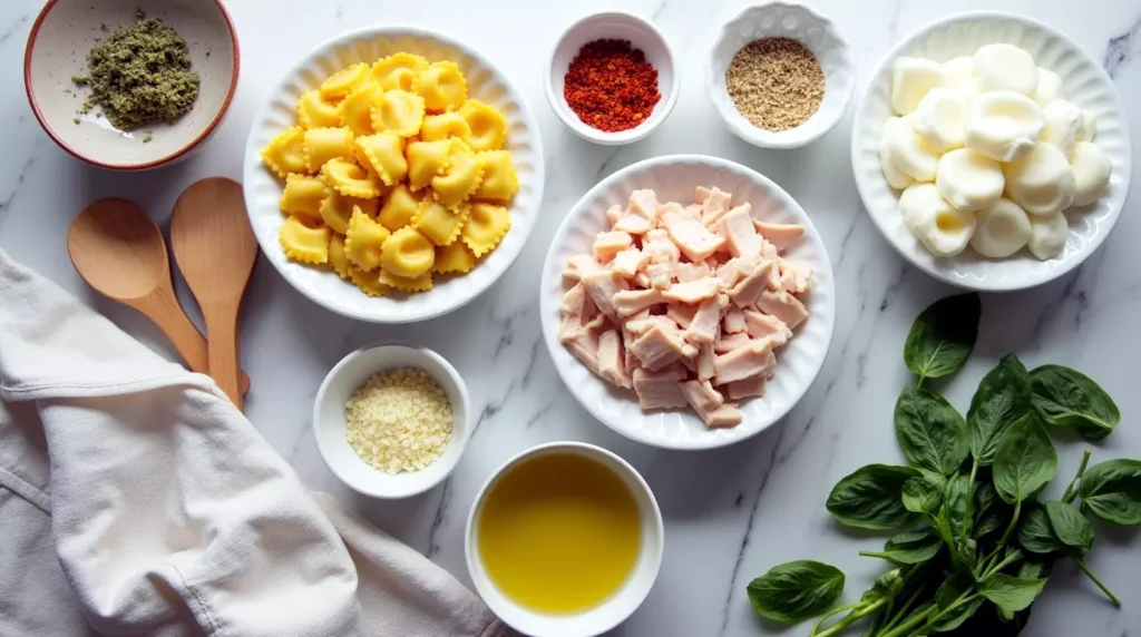 Ingredients like tortellini, chicken, cream, parmesan, and aromatics on a countertop