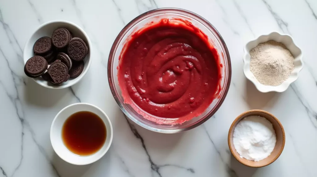 Red velvet batter, Oreos, cocoa, and vanilla laid out on a marble surface