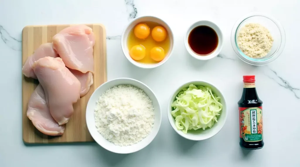 Raw chicken, panko, egg, rice, cabbage, and tonkatsu sauce laid out for katsu chicken bowl