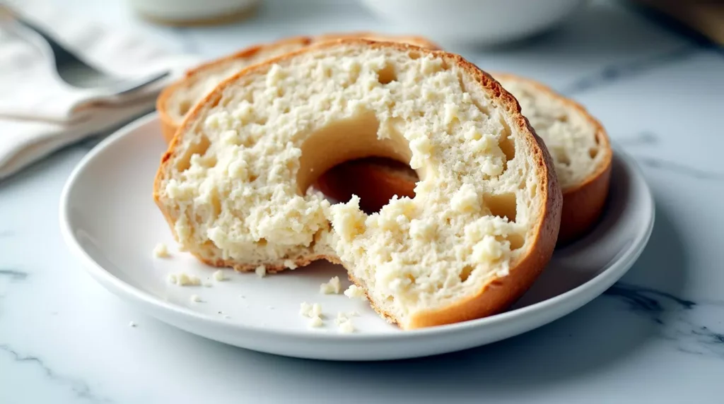 Sliced almond flour and cottage cheese bagel showing soft, moist, and airy inside texture on a white plate.