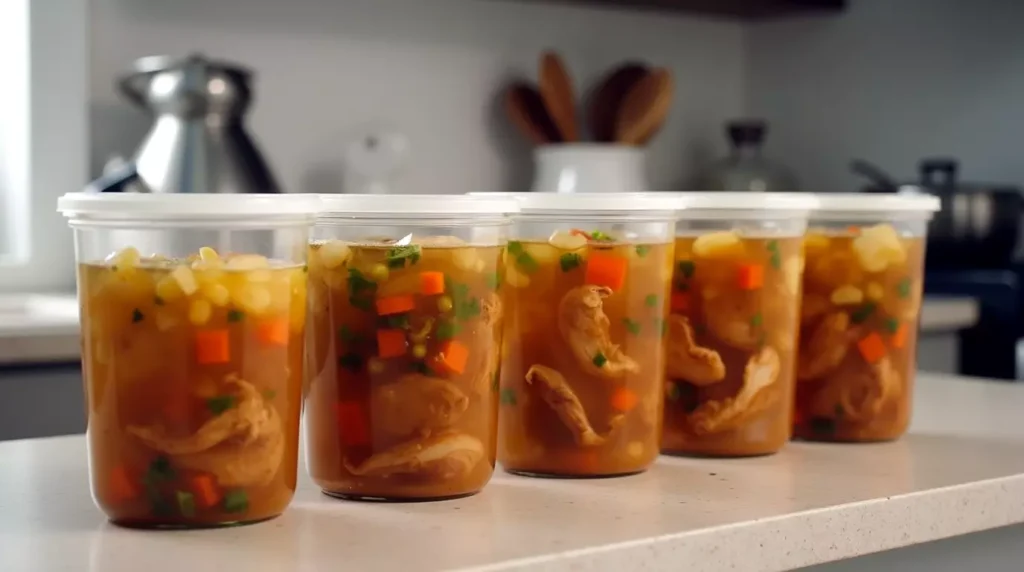 Glass meal prep containers filled with keto crock pot chicken soup arranged on a kitchen counter, each with visible chicken, celery, and broth, under natural lighting.