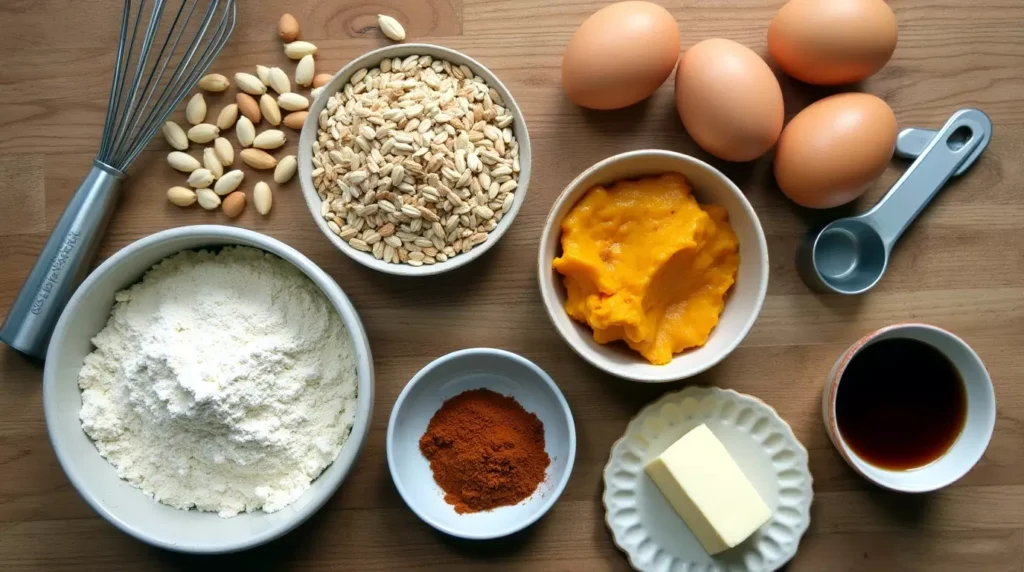 Almond flour, pumpkin puree, eggs, butter, and cinnamon on a kitchen counter