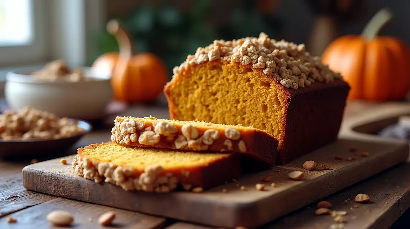 Slices of keto pumpkin coffee cake with cinnamon topping on a wooden board