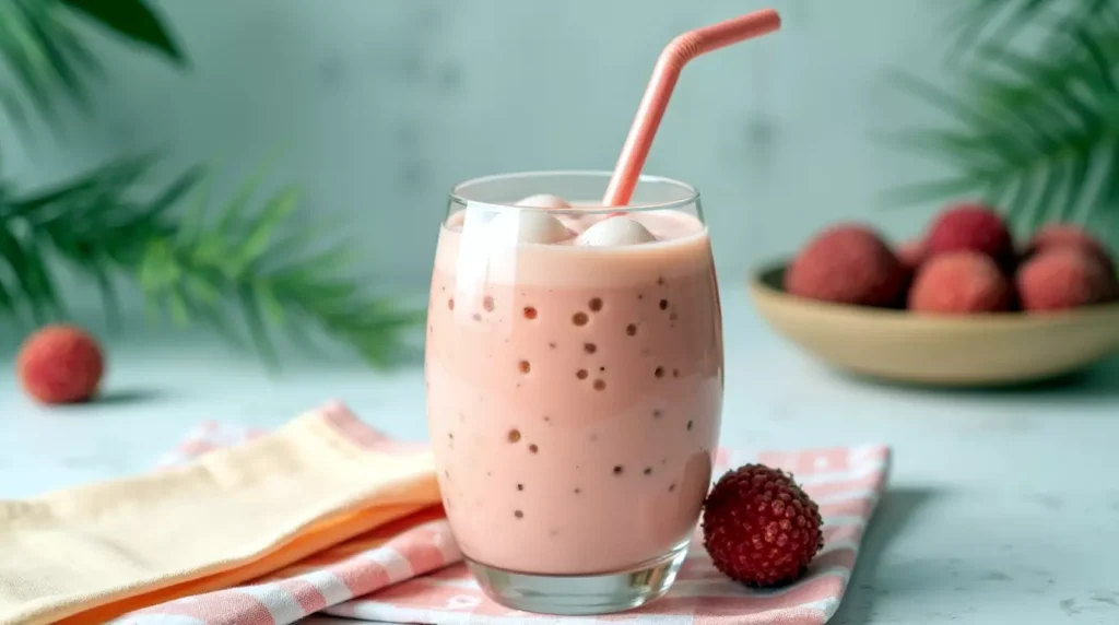Glass of lychee smoothie with tapioca pearls and large straw