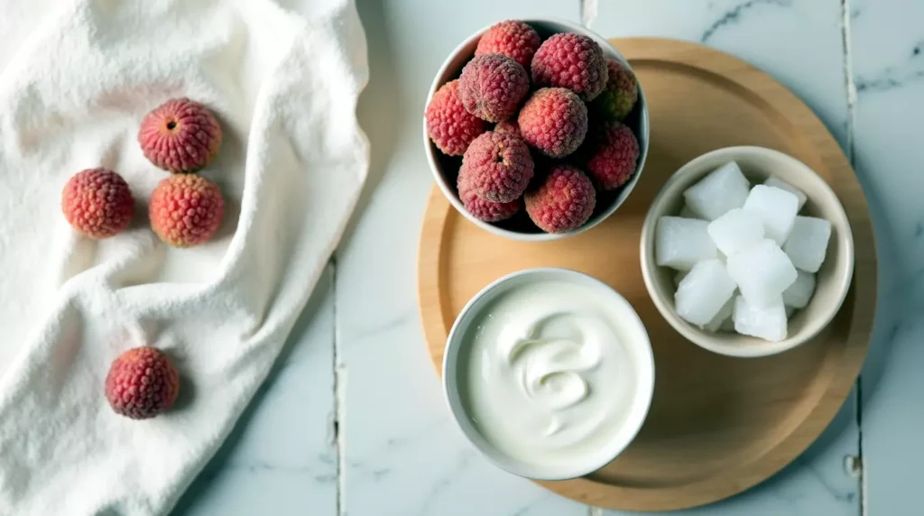 Flat lay of lychee, coconut milk, and ice for smoothie