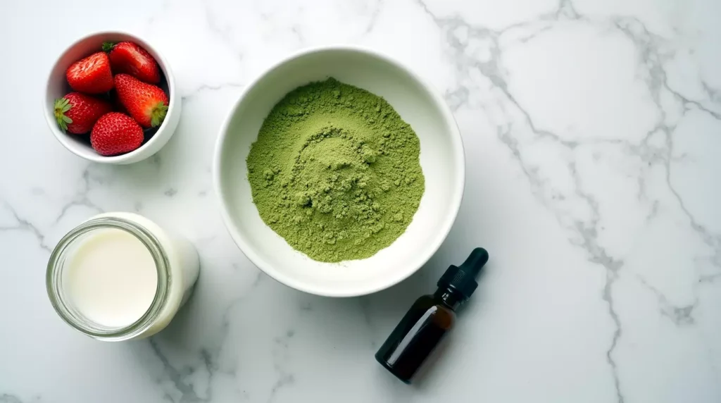 Ingredients for customizing hot strawberry matcha latte: matcha, strawberries, milk, and vanilla