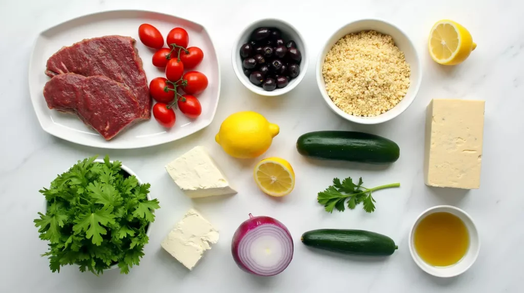 Flat lay of ingredients for a Mediterranean steak bowl including steak, hummus, olives, couscous, and vegetables
