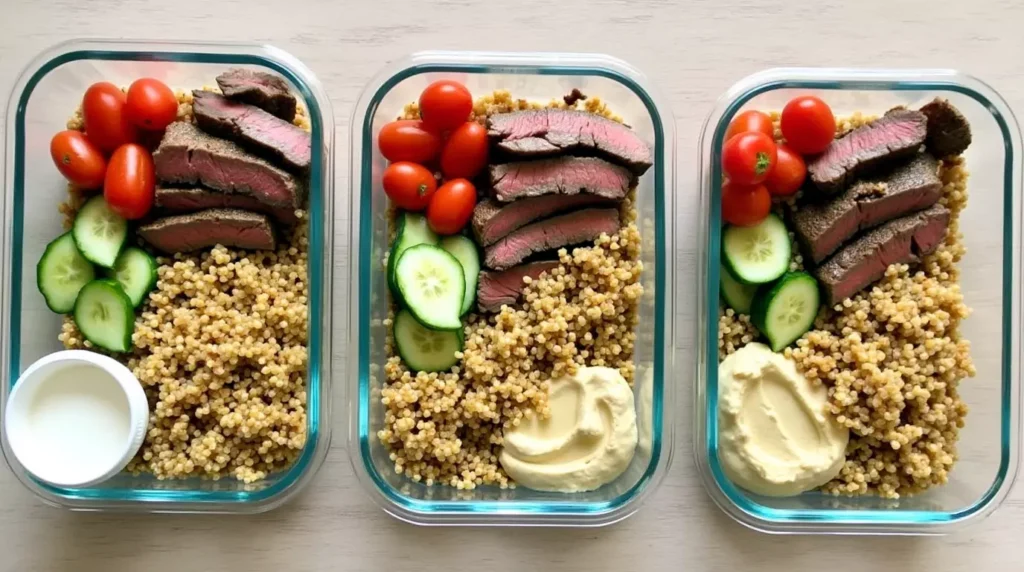 Glass containers filled with Mediterranean steak bowls ready for meal prep