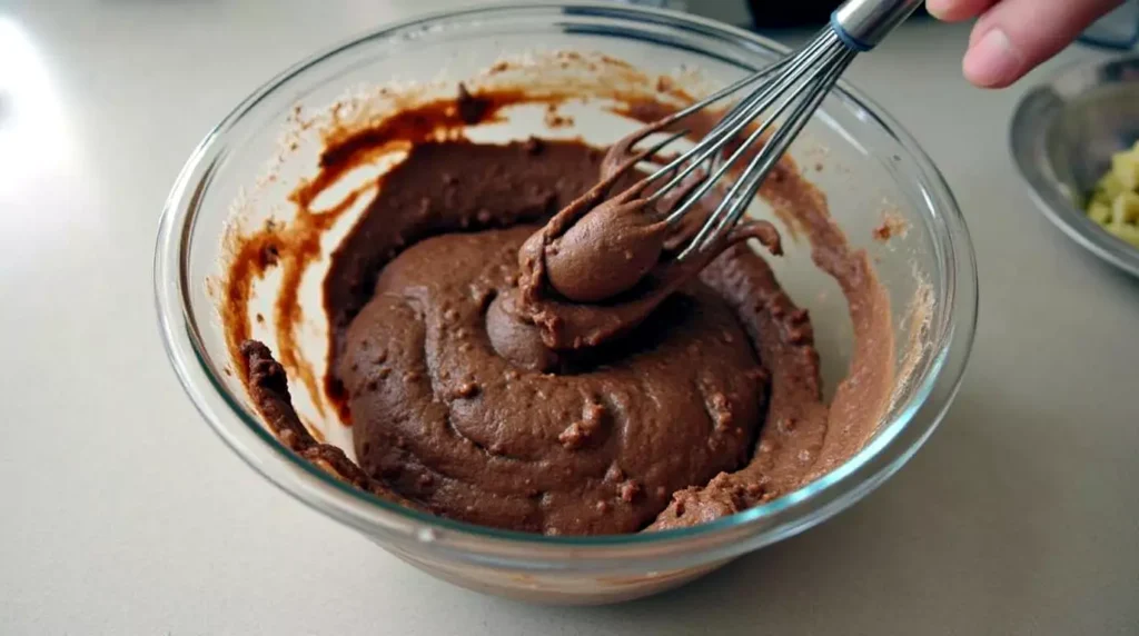 Brownie batter with cottage cheese and banana being mixed in a bowl