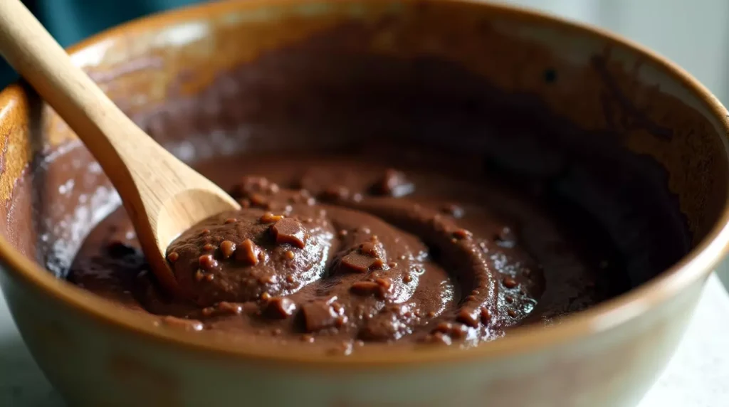 Stirring chocolate muffin batter with sweet potato and chocolate chips