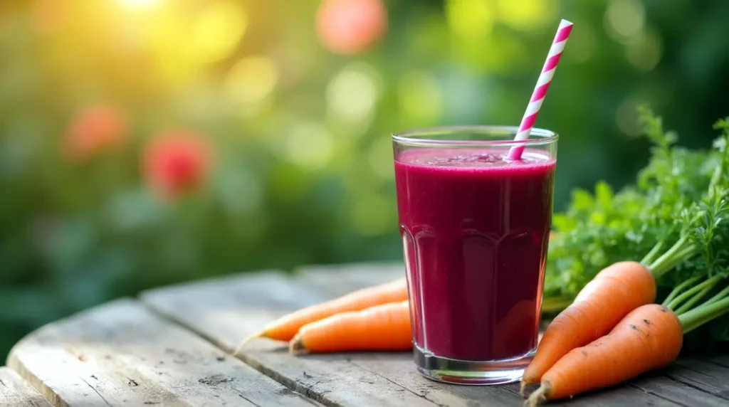 Glass of beet and carrot smoothie on outdoor table in sunlight