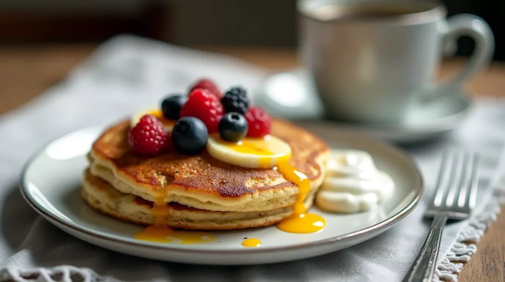 Cottage cheese banana pancakes served with yogurt, berries, and coffee