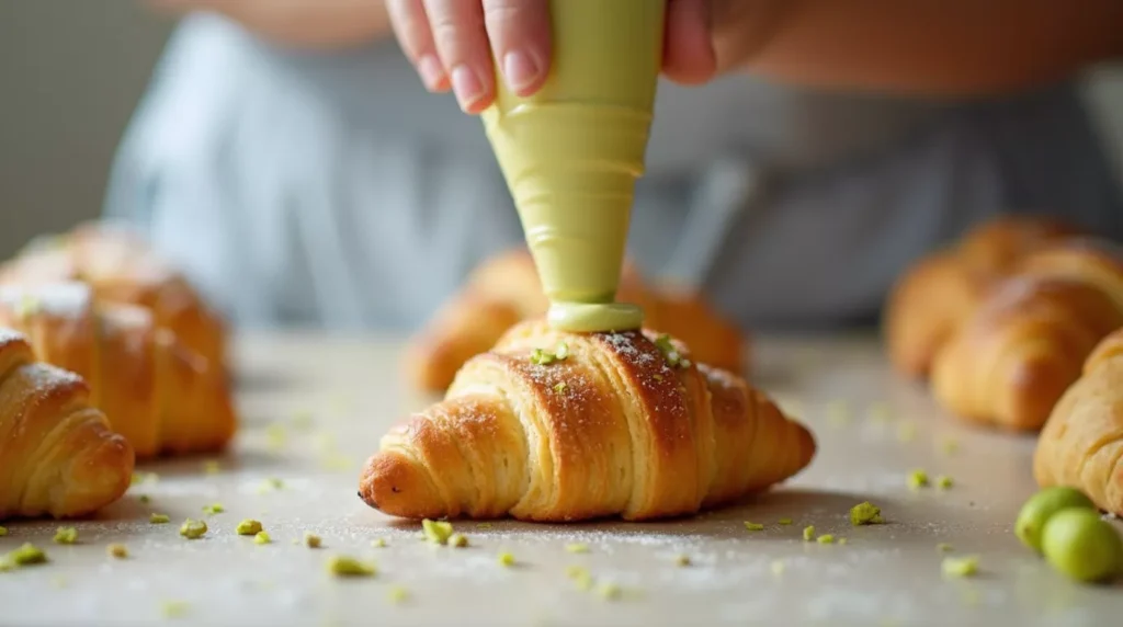 Piping bag filling croissant with pistachio cream