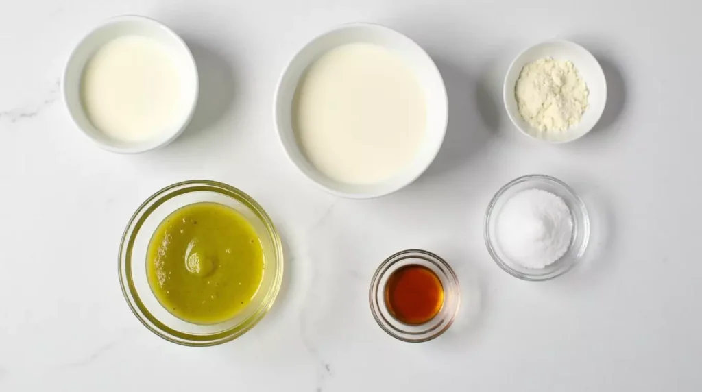 Ingredients for pistachio panna cotta laid out in minimalist bowls