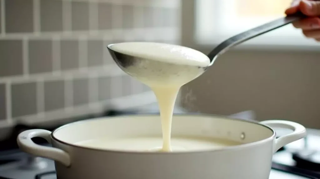 Ladle pouring full-fat coconut milk into a white saucepan on a stovetop