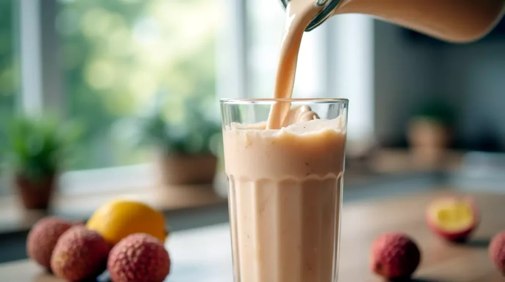 Lychee smoothie being poured from blender into glass