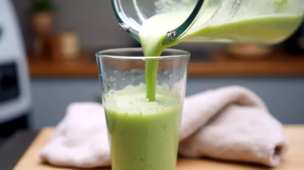 Avocado honeydew smoothie being poured from blender into a clear glass