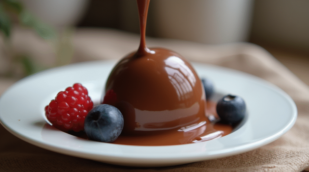 Warm chocolate sauce being poured on a chocolate shell to melt it