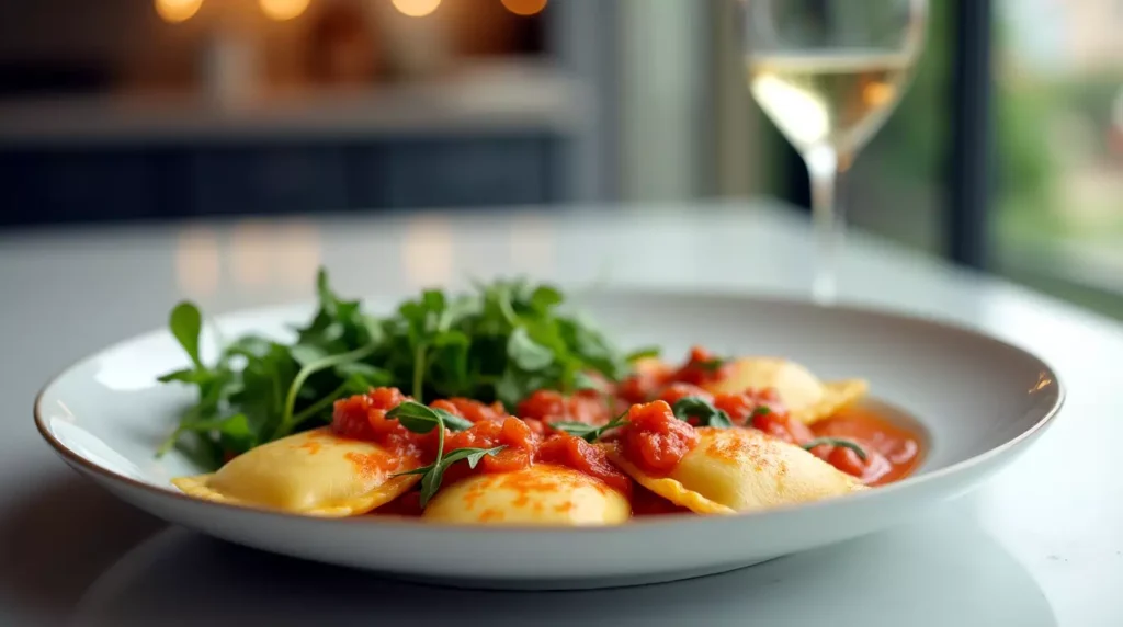 Plate of ravioli with salad and wine on a dinner table