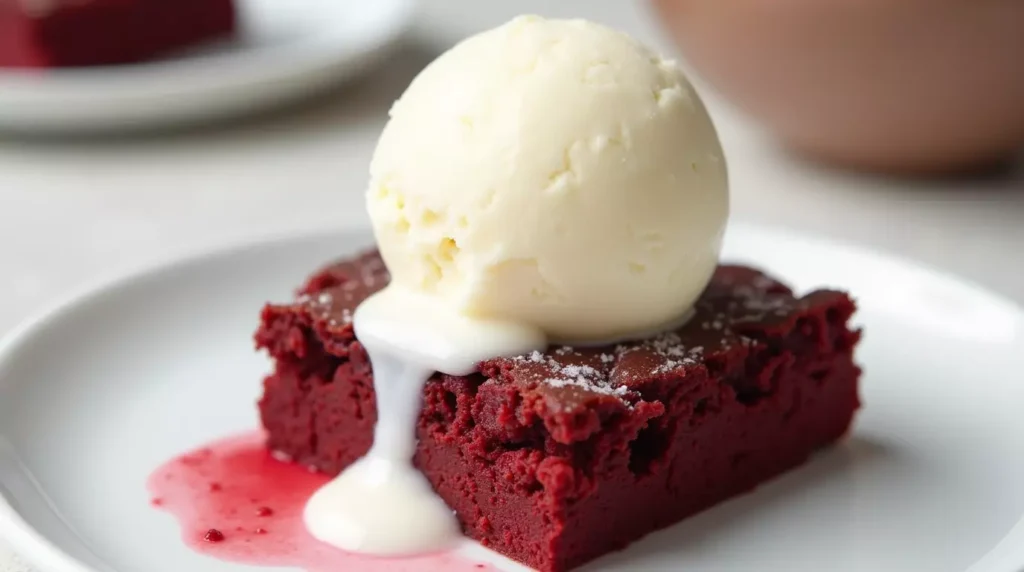 Red velvet Oreo brownie served with vanilla ice cream on a plate