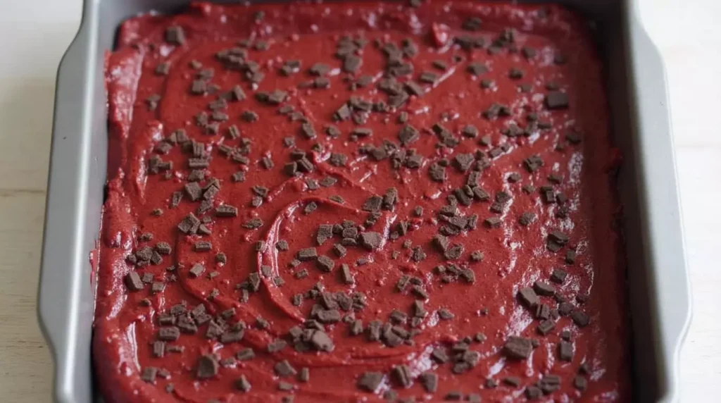 Unbaked red velvet brownie batter with Oreos in a baking pan