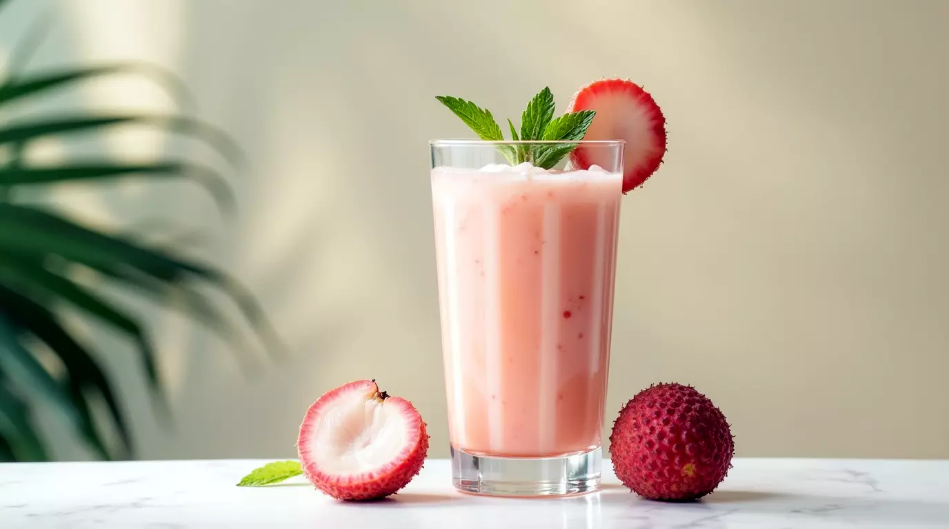 Lychee smoothie in a tall glass topped with mint and lychee
