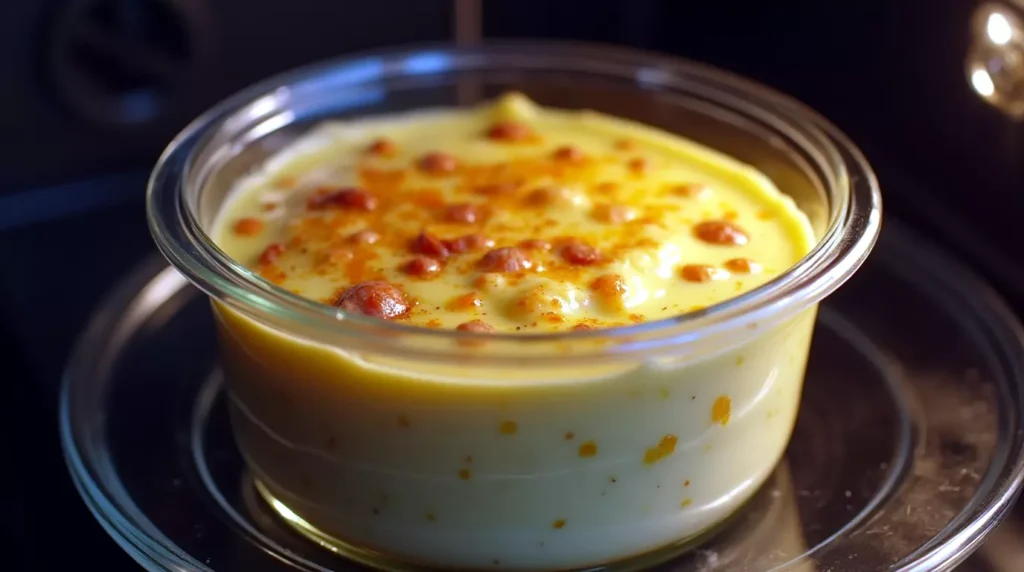 A glass container of sausage cheese dip in a microwave for reheating