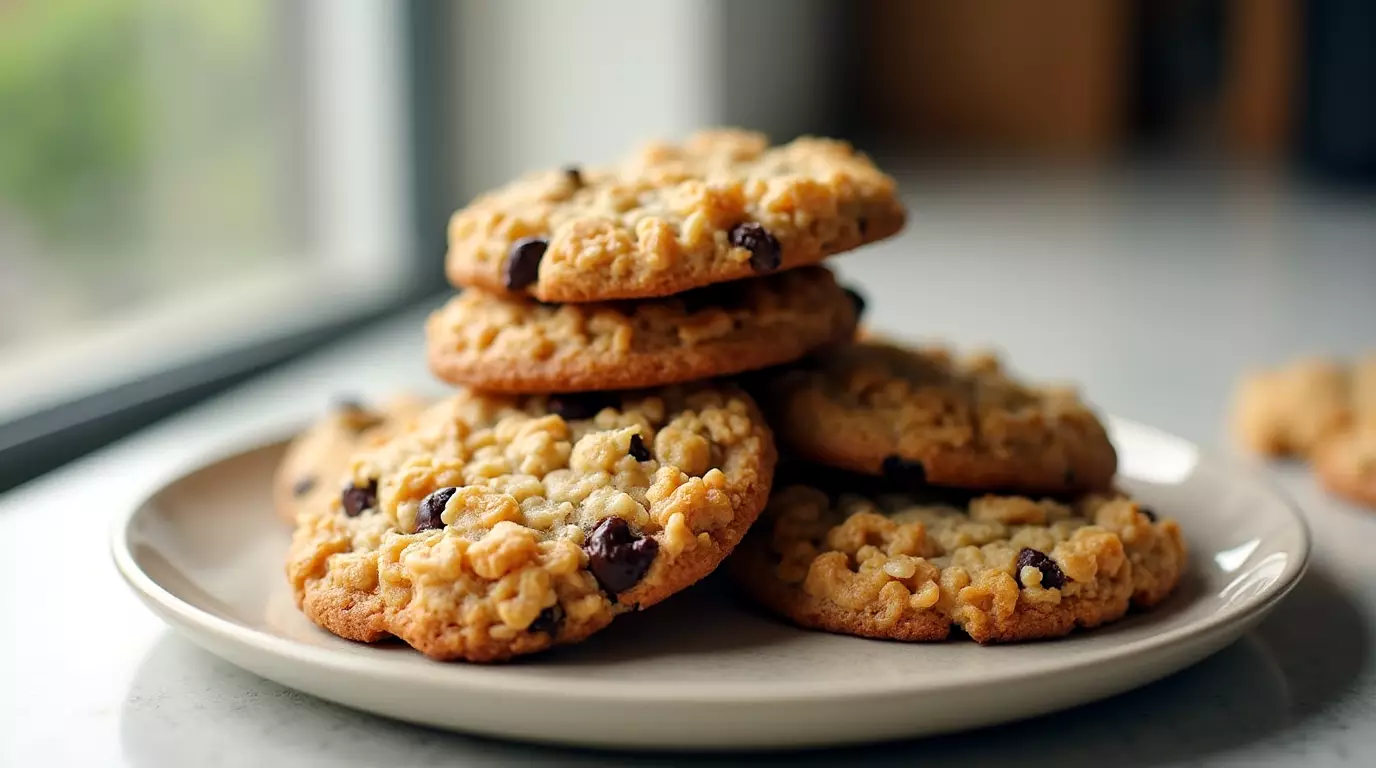 Stack of golden rice krispie chocolate chip cookies on a ceramic plate