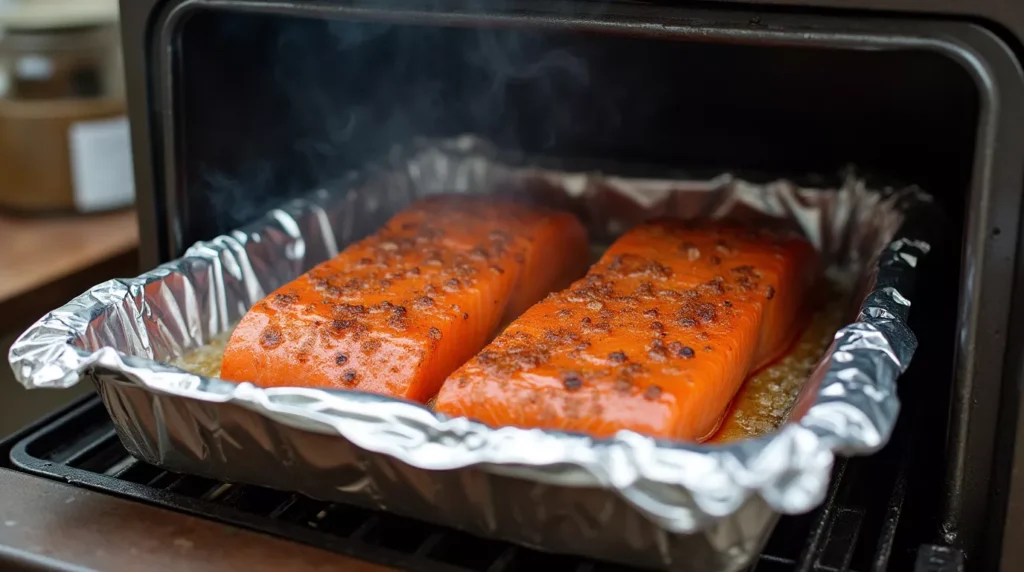 Coho salmon fillets in a home smoker with light smoke rising