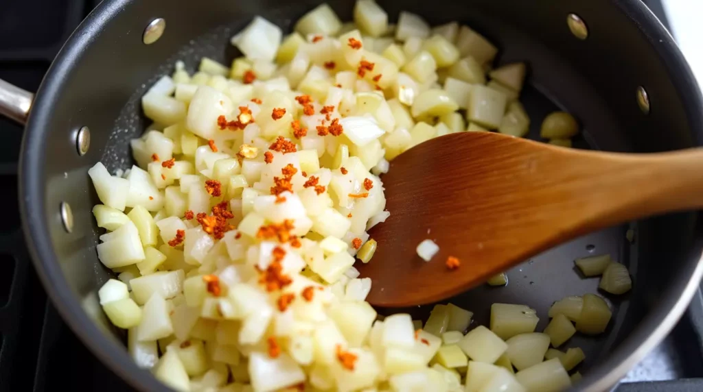 Onions, garlic, and red pepper flakes being cooked in a pot