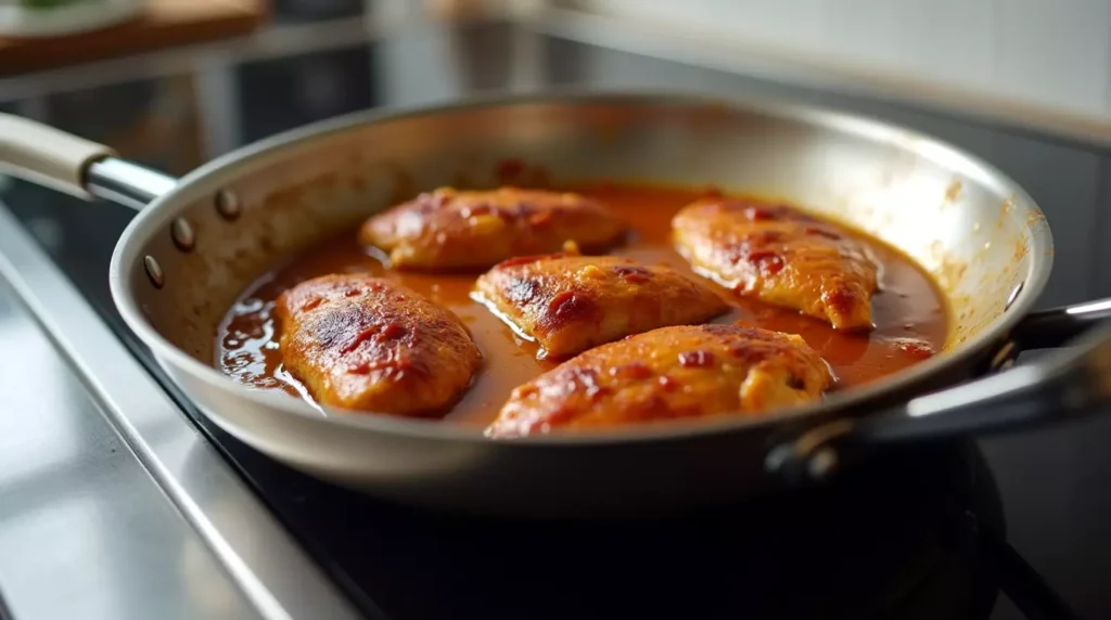 Chicken cooking in chipotle marinade in a skillet