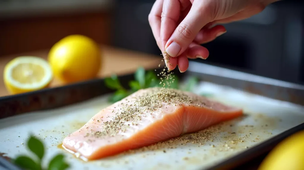 Hand seasoning raw trout fillet with lemon pepper on a baking tray