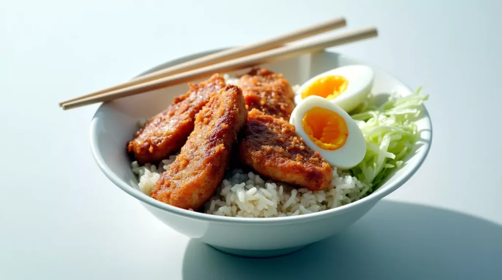 Fully served katsu chicken bowl with rice, egg, and cabbage