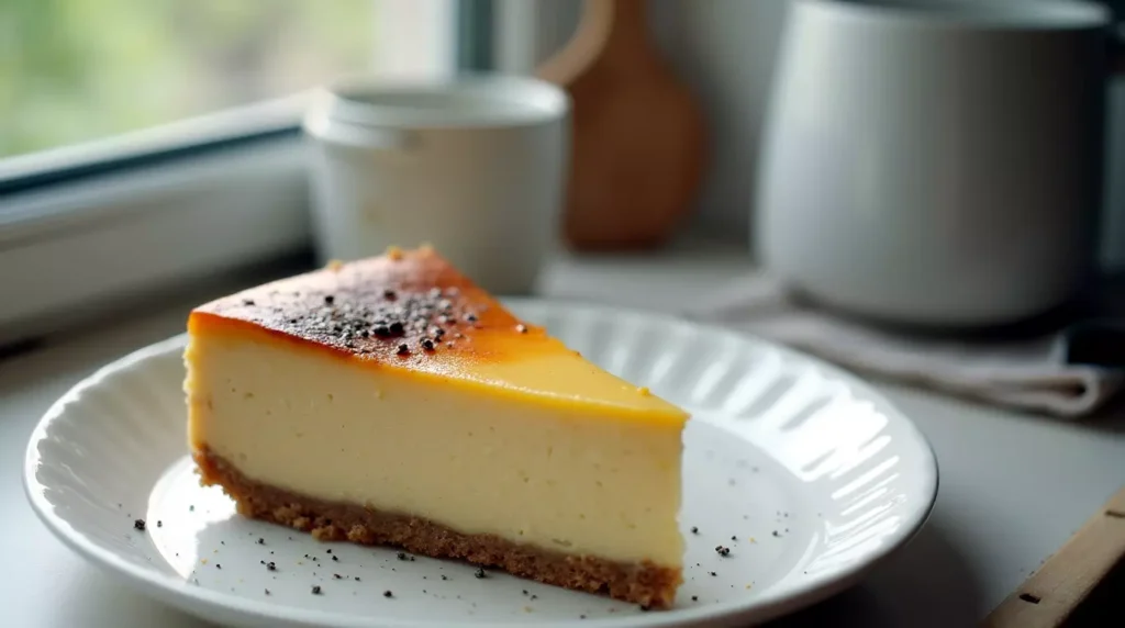 A single slice of Earl Grey cheesecake on a plate in a home kitchen
