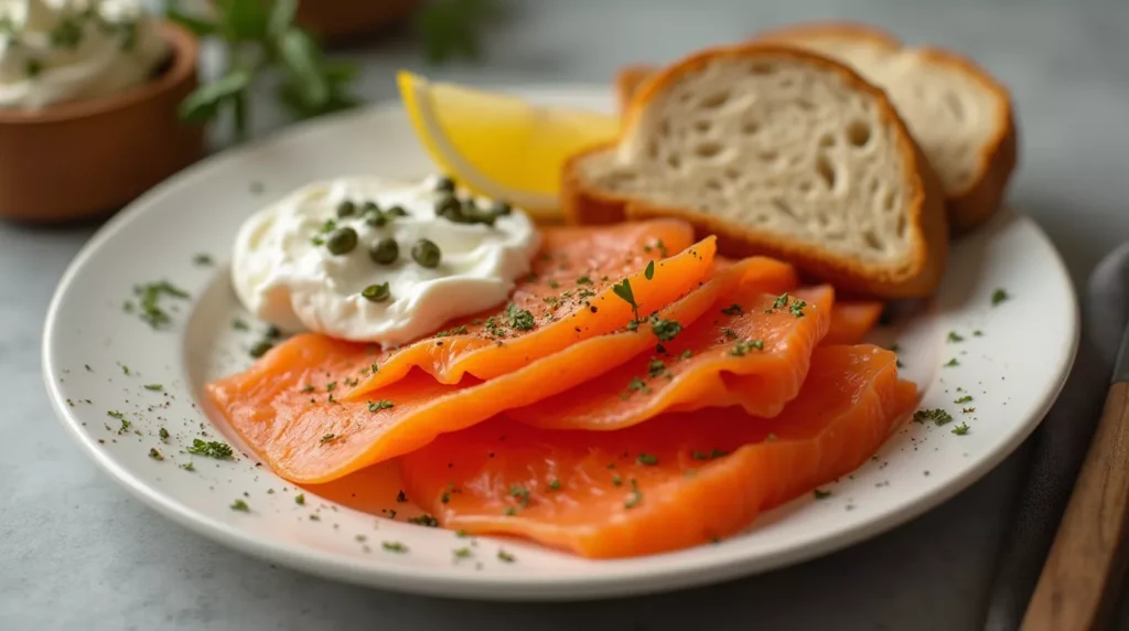 Slices of smoked coho salmon plated with toast and lemon on kitchen counter