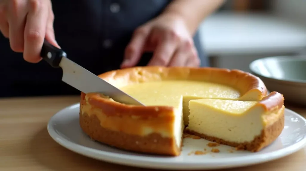 Person cutting cheesecake with kitchen knife in home kitchen