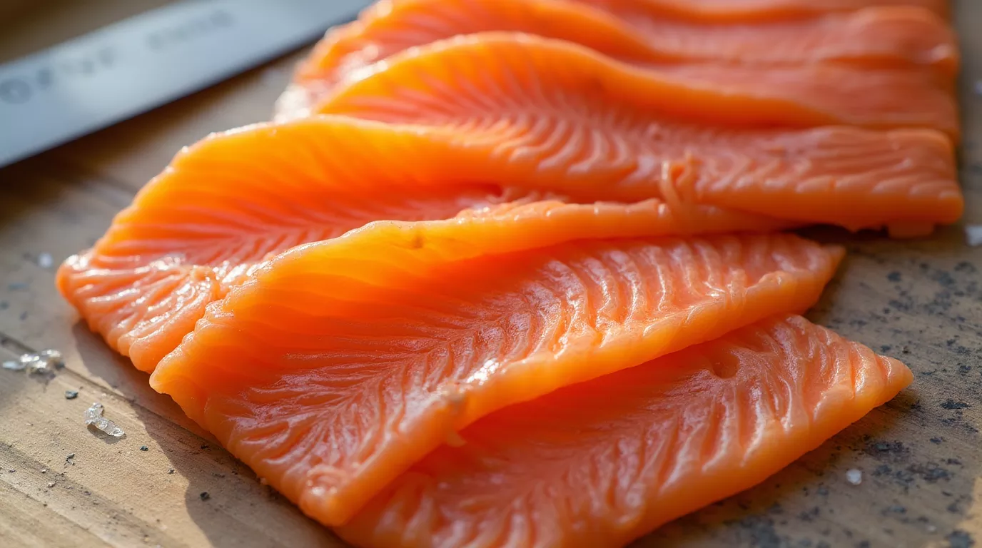 Smoked coho salmon fillet on a white plate in natural kitchen light