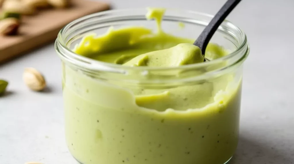 Homemade pistachio cream in a bowl with spoon